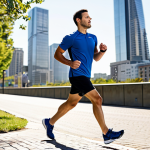 A professional adult male runner in modest, fully clothed, appropriate running attire, mid-stride on a paved path in an urban park. The focus is on his stable form and the Asics Gel-Kayano running shoes on his feet, designed for stability. The background features a modern city skyline under a clear daytime sky. The image is a high-quality, professional photograph, showcasing perfect anatomy, correct proportions, well-formed hands, proper finger count, natural body proportions, and a natural pose. This content is safe for work, appropriate content, and family-friendly.