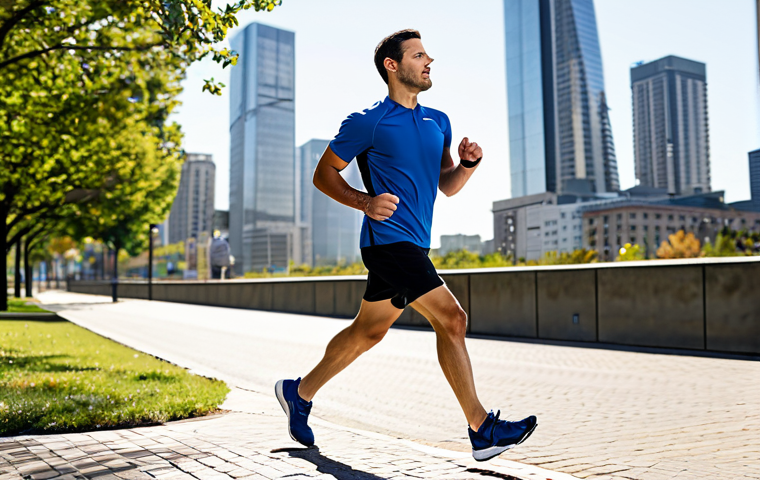 A professional adult male runner in modest, fully clothed, appropriate running attire, mid-stride on a paved path in an urban park. The focus is on his stable form and the Asics Gel-Kayano running shoes on his feet, designed for stability. The background features a modern city skyline under a clear daytime sky. The image is a high-quality, professional photograph, showcasing perfect anatomy, correct proportions, well-formed hands, proper finger count, natural body proportions, and a natural pose. This content is safe for work, appropriate content, and family-friendly.